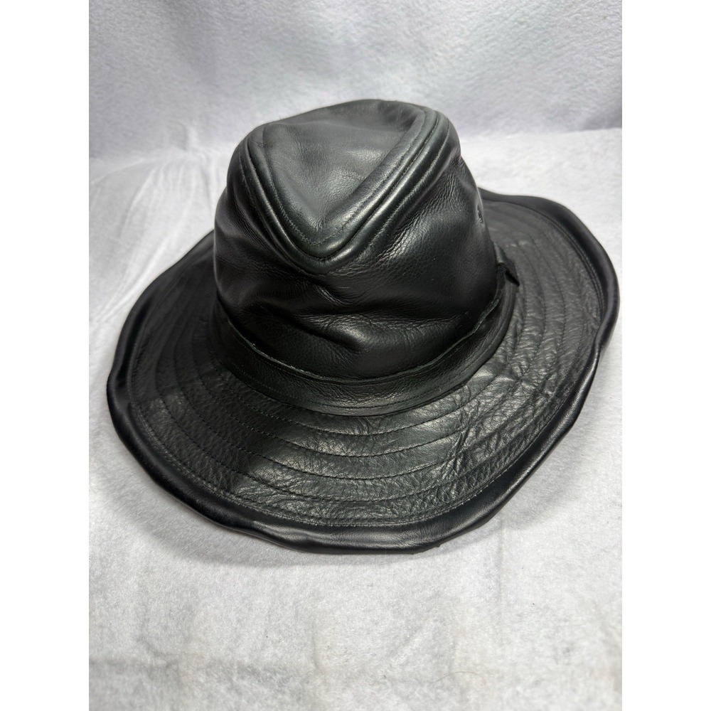 New York Hat Co Genuine Leather Outback Fedora Hat Black Made USA Size Large